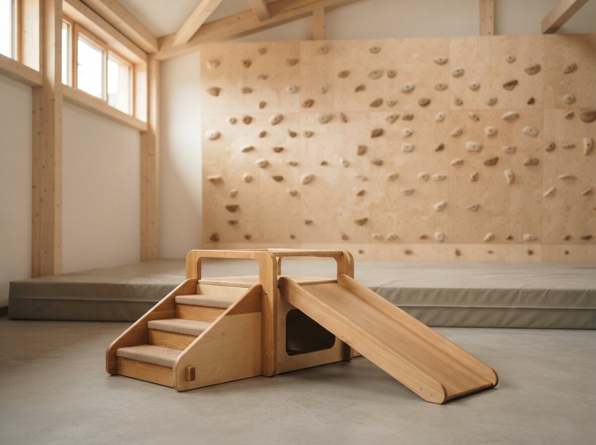 Helle Boulderhalle mit Kletterwand aus Birkensperrholz, Fallschutzmatten und einer hölzernen Kinder-Kletterstruktur mit Rutsche